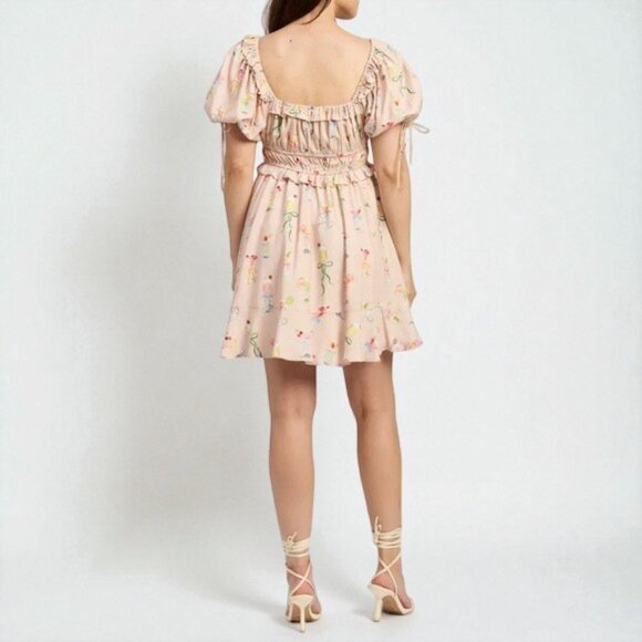 NWT En Saison Mia Ruffle Puff Sleeve Mini Dress Pink Multi - Picture 3 of 10